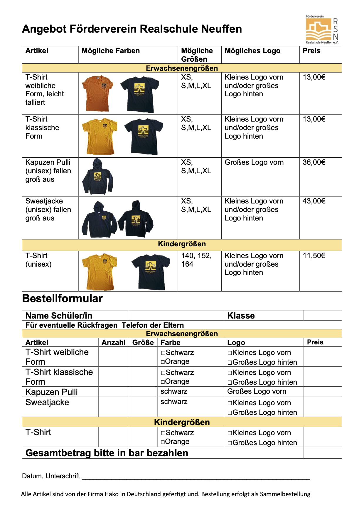 Übersichtsseite der bestellbaren T-Shirts mit Aufdruck des Logos der Realschule Neuffen