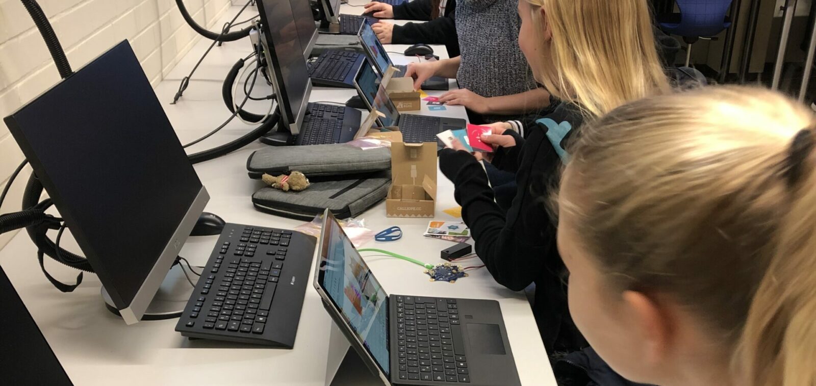 Schülerinnen arbeiten im Unterricht mit Laptops